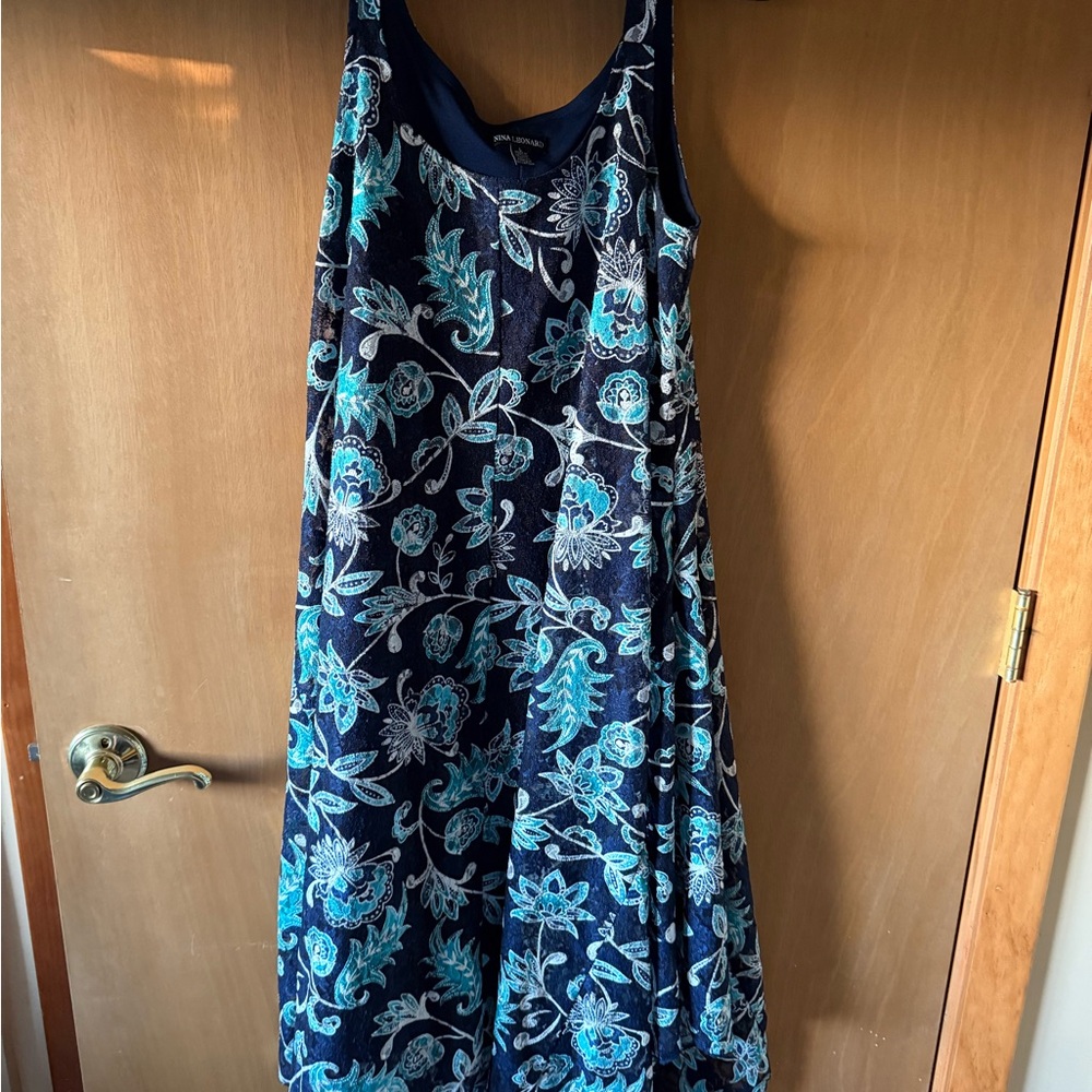 Nina Leonard Blue Sleeveless Scoop Neck Maxi Sundress